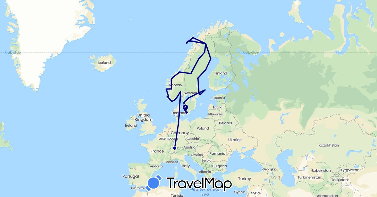 TravelMap itinerary: driving in Switzerland, Germany, Denmark, Finland, Norway, Sweden (Europe)